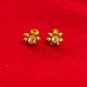 Gold Floral Stud Earrings with Diamond center